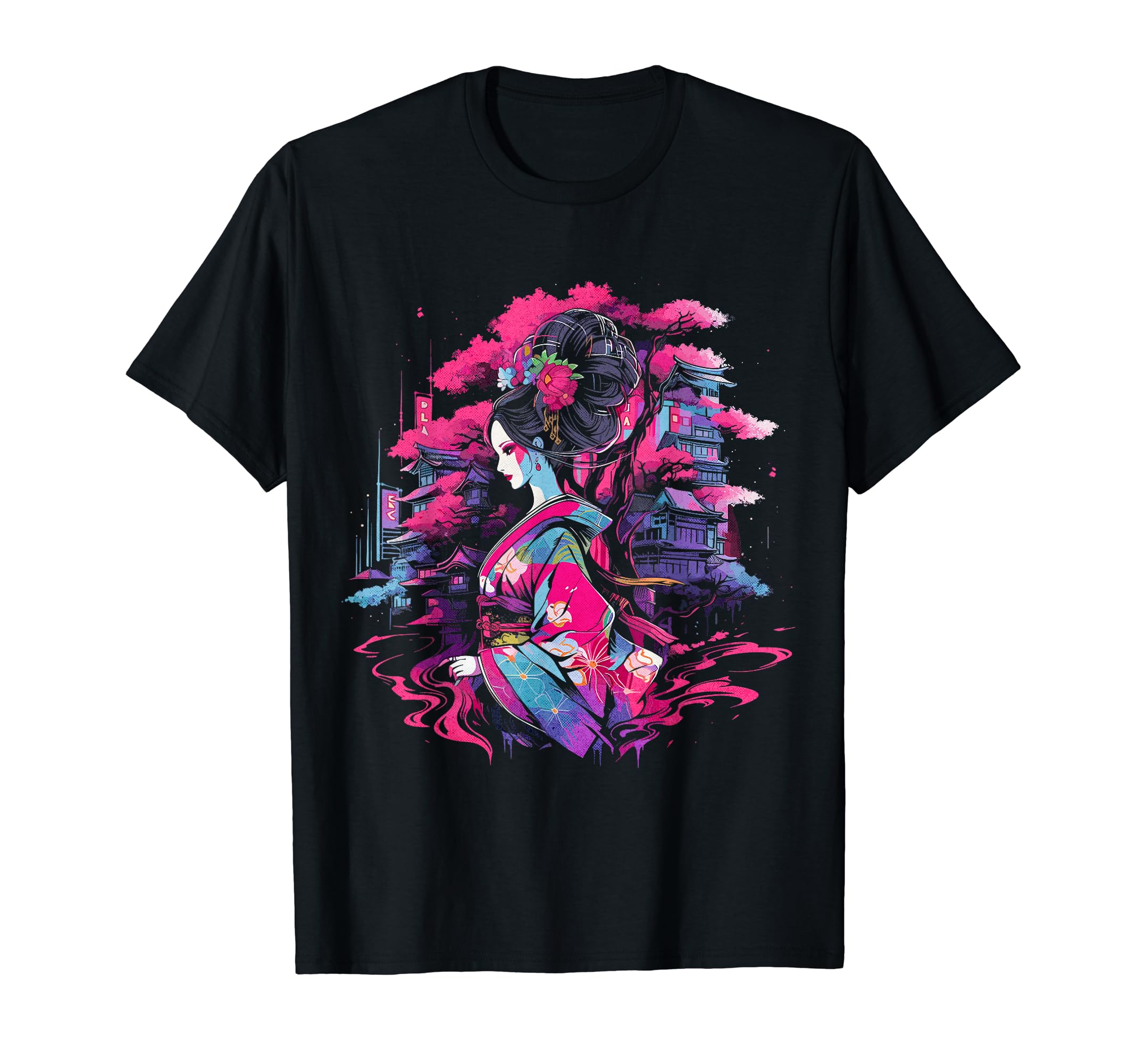 

Cherry Blossoms and Geisha, Cyberpunk Illustration T-Shirt