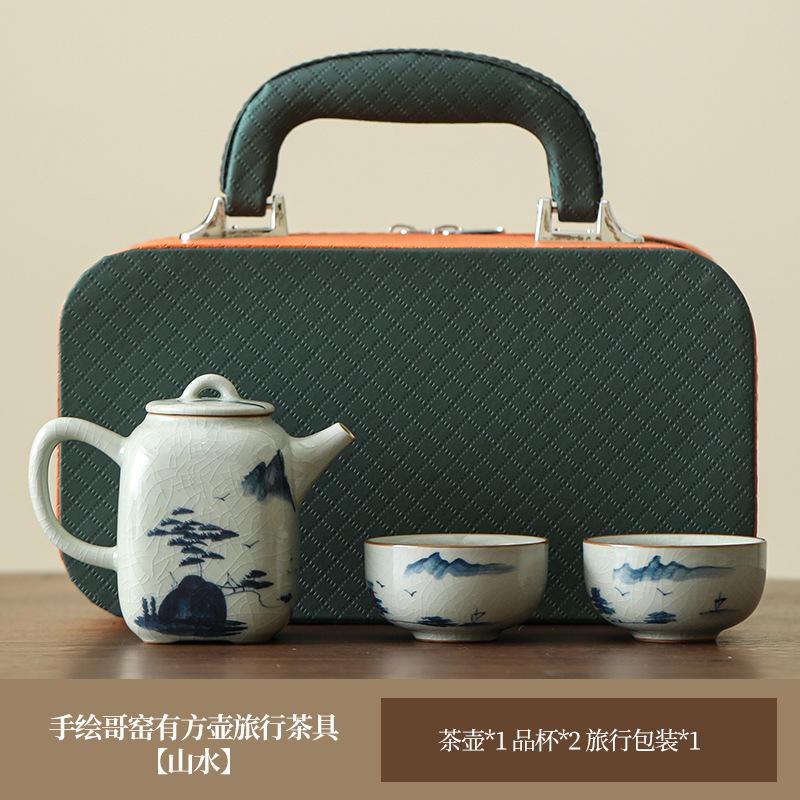 Hand-Painted Ge Kiln Travel Tea Set, High-End One Pot, Two Cups, Small Set, Portable Outdoor Kung Fu Teapot, Drinking Tea Cup
