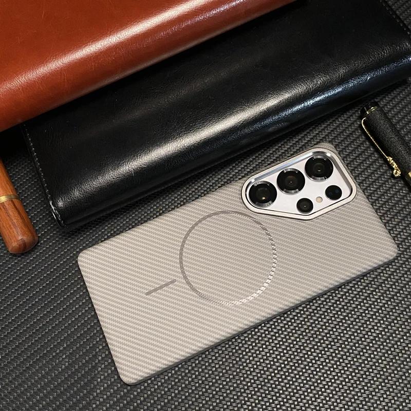Carbon Fiber Texture Ultrathin Case for Samsung Galaxy S25 Plus Ultra for Magsafe Alloy Lens Wireless Charging Hard PC Cover