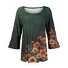 Women's Fashion Casual Pleated Round Neck Floral Print Three-Quarter Sleeve T-Shirt Top