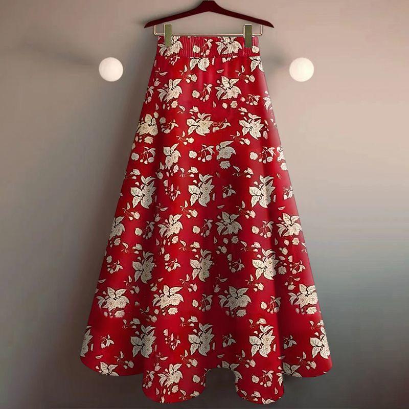 Damen Sommer High-Waist Vintage Elegant Blumenmuster Lang Maxi Rock