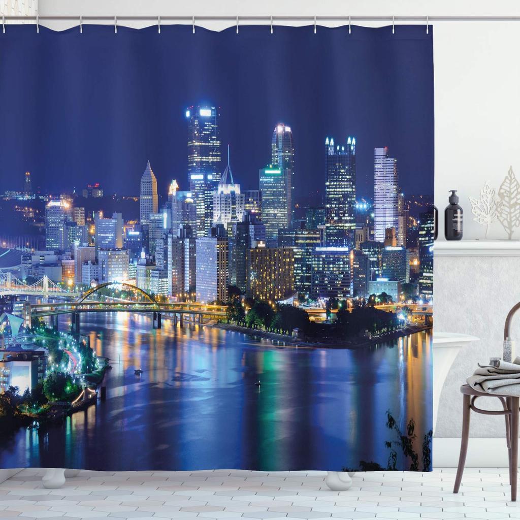 Cityscape Shower Curtain, Modern Skyscraper Skyline Famous Building Bathroom Curtain Waterproof Fabric Shower Curtain With Hooks
