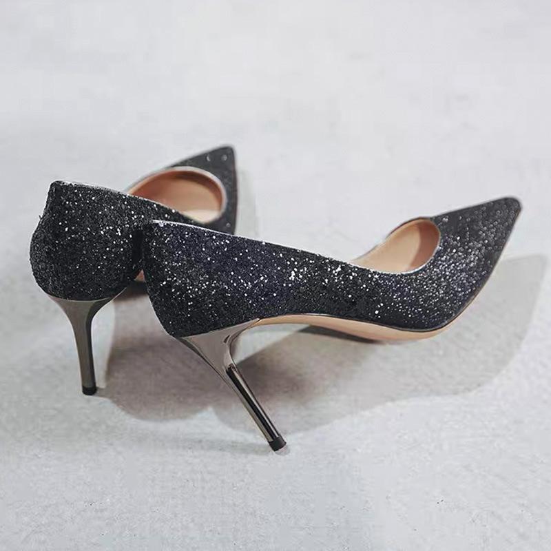 Wind New Women's Shoes Shallow Mouth Pointed Tip Shining Sequins Sexy and Thin High Heels Black Work Shoes