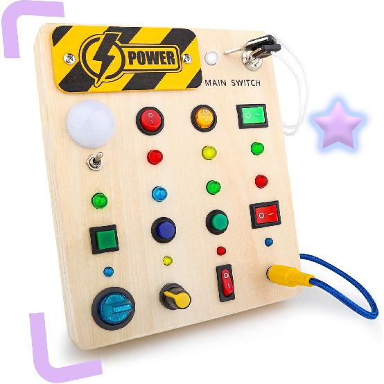 Montessori Busy Board Switch - Montessori Toy Busy Board for 1 Year Old with 13 Led Light, Wooden Travel Sensory Busy Board for Ages 2-4 3-5