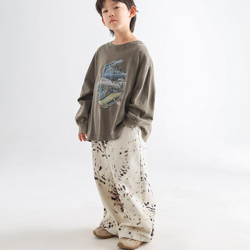 Korean Boys Jeans Spring Autumn Kids Leopard Print Casual Wide Leg Pants Children Versatile Trousers