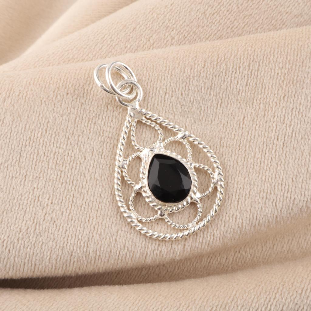 Black Onyx Gemstone 925 Sterling Silver Handcrafted Women Pendant 1.40" For Gift PP-19-36