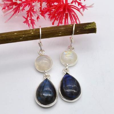 Round& Pear Cabochon Natural Moonstone & Labradorite Gemstone Earring-925 Sterling Silver Handmade Drop & Dangle Silver Earring For Women