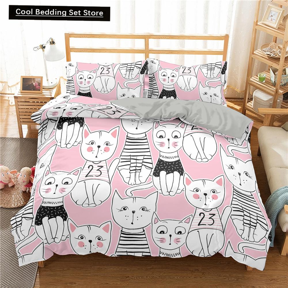 Cartoons Niedliche Katze Bettbezug Bettdeckenbezug Kissenbezug Junge Mädchen 2/3-teiliges Bettwäscheset King Queen Größe Kitty Polyester Bettdeckenbezug