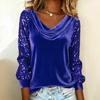 Women Tops Piled Collar Sequined Long Sleeves Velvet Texture Blouse Solid Color