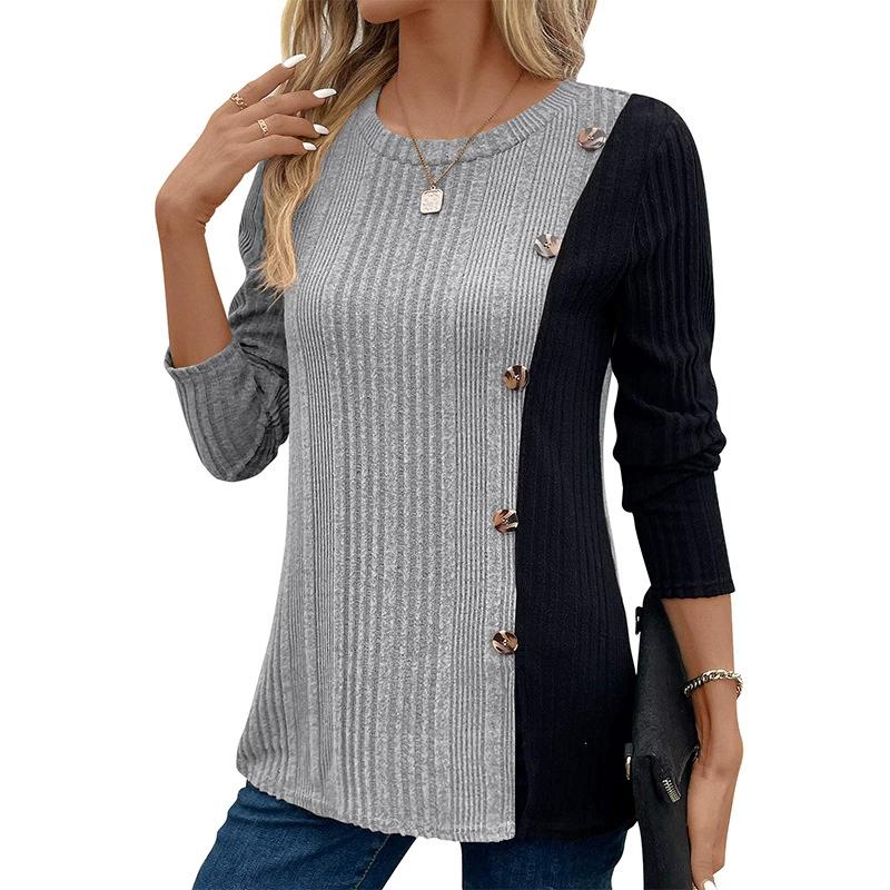 Women's Color Blocking Button Slit Casual Long Top