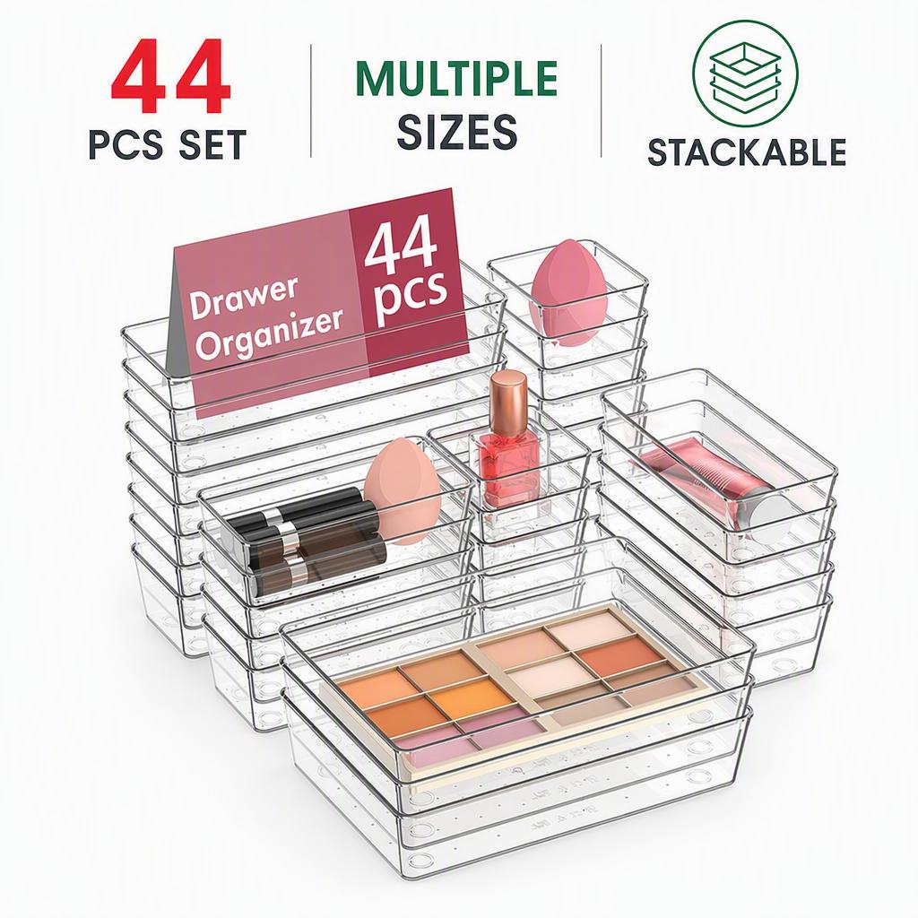 Multi Sizes Clear PET Drawer Organizer Tray Set With Non Slip Base for Kitchen Bathroom Vanity Desk Small Sundries Storage