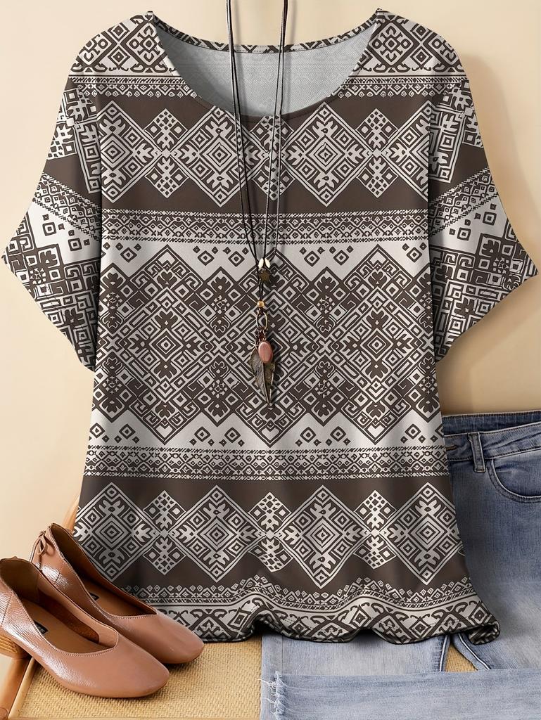 Fashion Loose T-Shirt Woman Elegant O-Neck Geometry Graphics Tee Shirt Printed Casual Woman Tops Outdoor Tshirts Summer Clothes