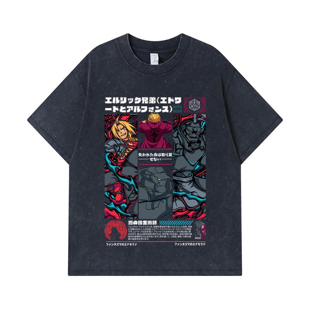 275 GSM Washed T-shirts 100% Cotton Fullmetal Alchemist V3 Print Unisex Heavy Cotton T Shirt