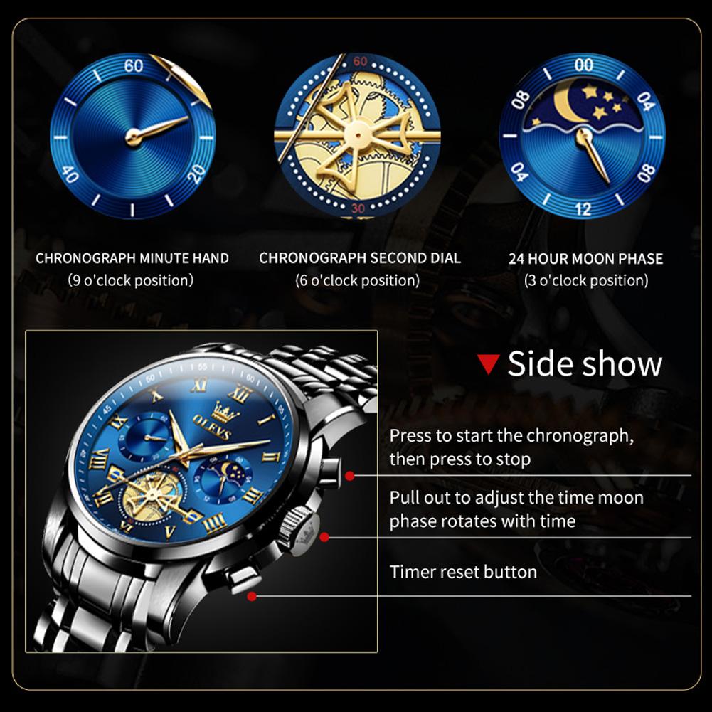OLEVS Top Original Quartz Men's Watches Classic Roman Scale Dial Moon Phase Waterproof Luminous Luxury Wrist Watch for Male