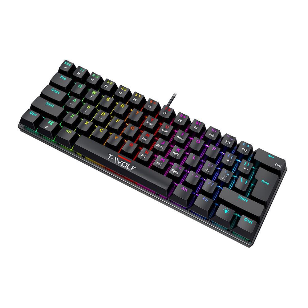 T-WOLF T61 RGB Backlit Wired Mechanical Gaming Keyboard, Blue Switches, 61-Key Portable Design.
