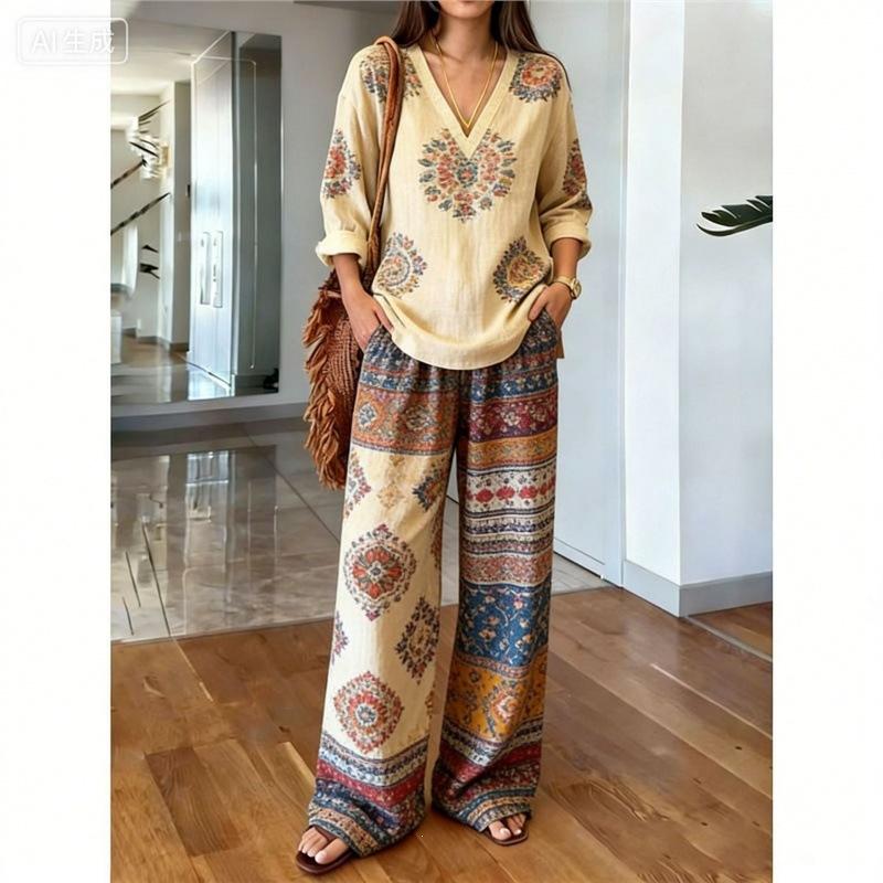 Bohemian Print Cotton and Linen Shirt Long-sleeved Wide-leg Pants Two-piece Set V-neck Vacation Loose Casual Suit Women