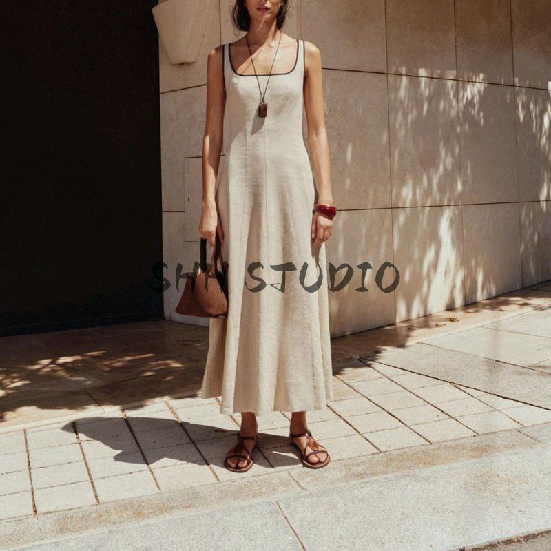 Summer New Product Women's Clothes round Neck A- line Hem Contrast Color Trim Sling Midi Skirt Dress 8214393