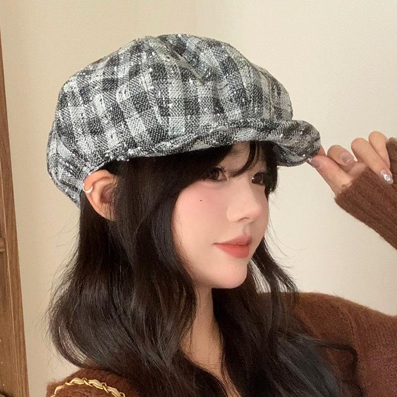 Autumn Japanese Retro Versatile Houndstooth Beret Sweet and Fashionable High End Octagonal Hat Big Head Circumference Showing Small Face