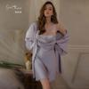 DZ Rose Satin Lace See-Through Deep V Suspender Skirt with Outer Robe Home Set