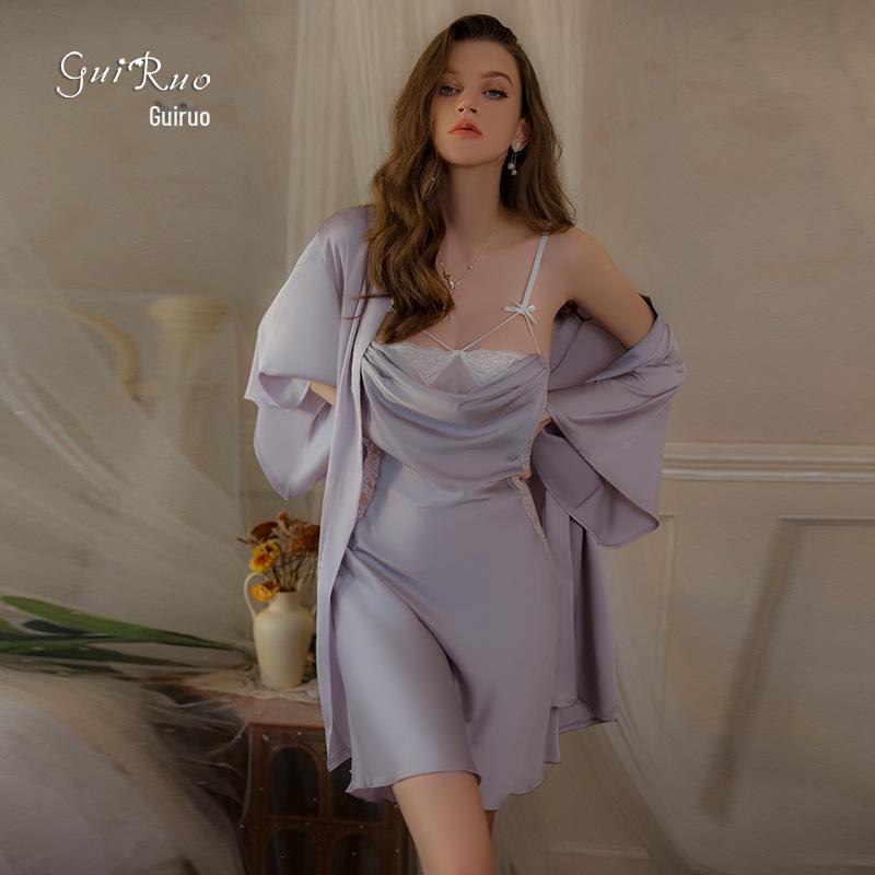 DZ Rose Satin Lace See-Through Deep V Suspender Skirt with Outer Robe Home Set