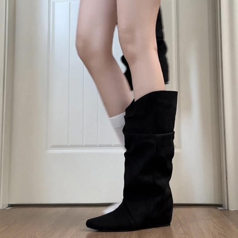 Fashion Autumn Winter Pleated Women Western Cowboy Boots Internal Elevation Knight Booties Zapatos De Mujer