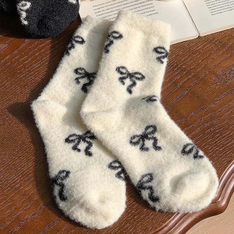Australian Wool Socks for Women, Autumn and Winter, Fleece-Lined, Thickened, Warm, with Bow, Home Maternity Socks, Plush Floor Sleep Socks