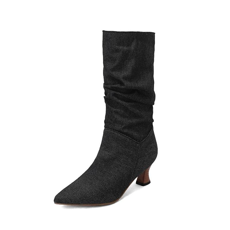 Fashion Trendy Women Pleated Blue Denim Jeans Boots Spike Heels Pointy Toe Knee-high Boots Shoes Autumn Winter Red Black White Pink