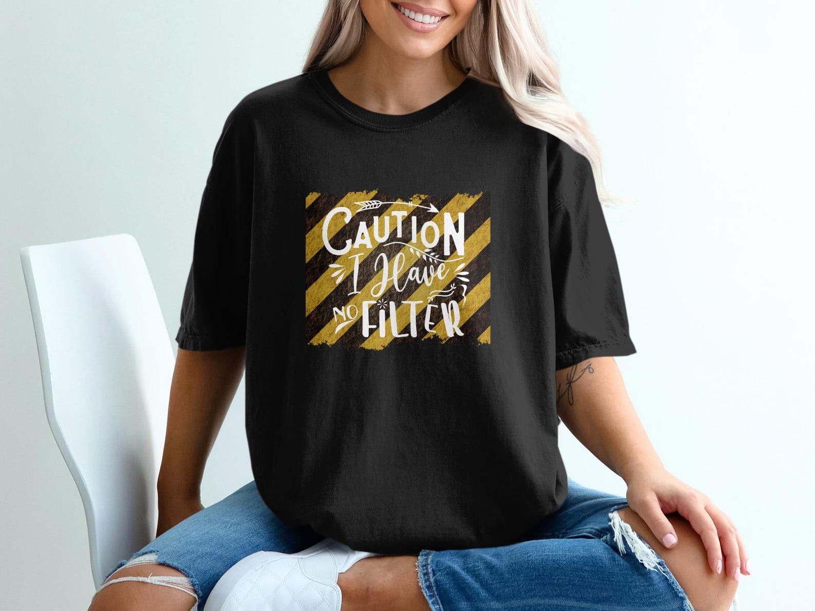 Unfiltered Humor No Filter T-Shirt | Sarcastic Funny Caution Tee | Bold Statement Graphic Shirt Gift XL