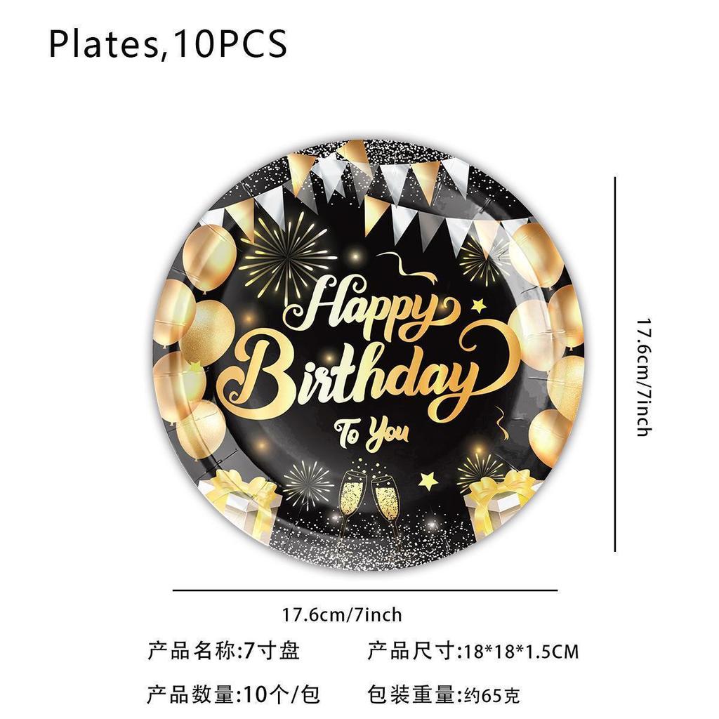Black and Gold Birthday Party Theme: Disposable Happy Birthday Colorful Paper Plates, Cups, and Party Decorations