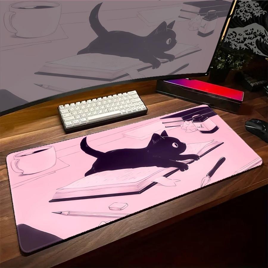 Gaming-Mauspad Rosa Katze Schreibtischzubehör PC Groß Großformat Kawaii HD-Druck Gamer Tastatur Büro-Setup Schreibtisch Schwarze Mauspads