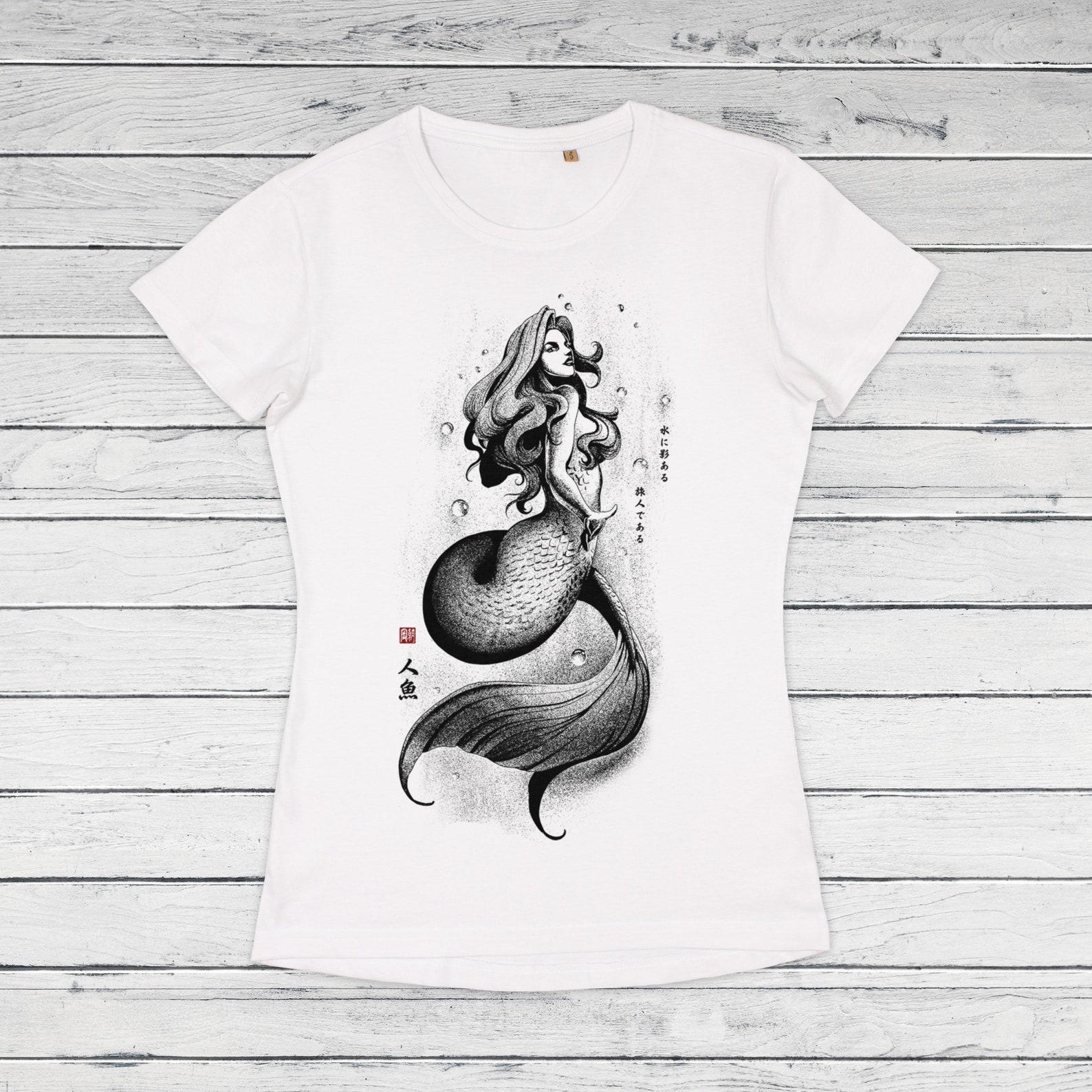 Mermaid Japanese Calligraphy T Shirt: Gyotaku Siren Queen Tee L