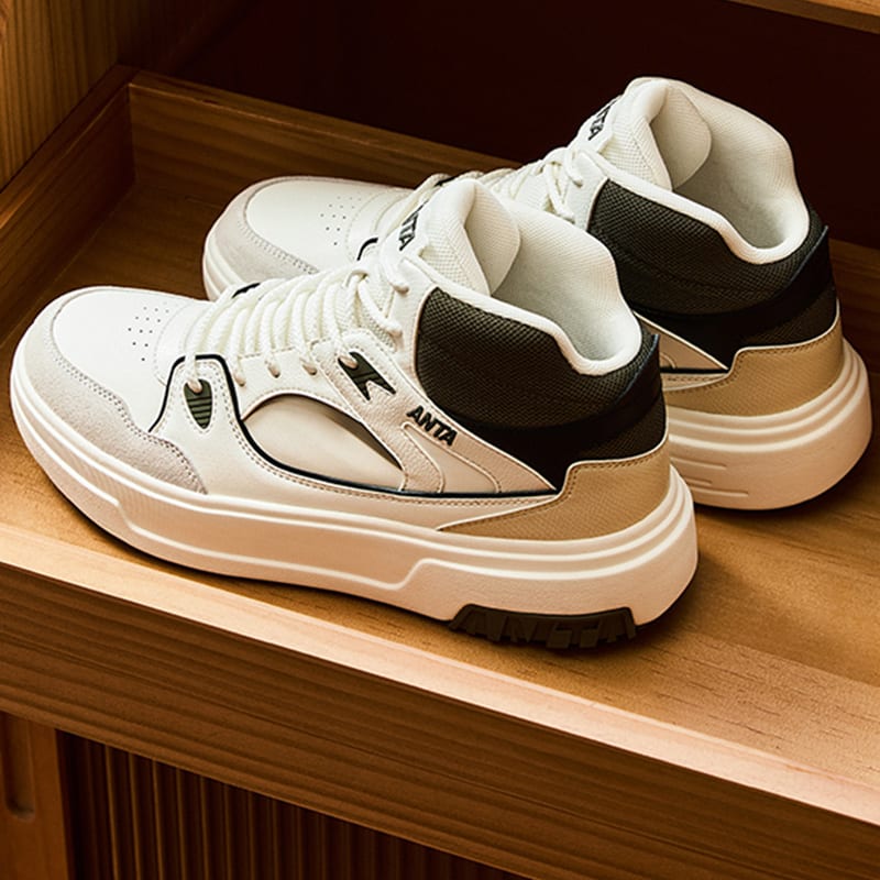 Anta Pancake Slip Resistant Abrasion Resistant High Top Skateboard Shoes Men's White Black Green 912448082-1
