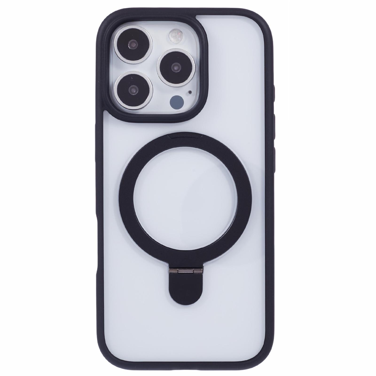 

For iPhone 16 Pro Case PC+TPU Shockproof Phone Back Cover with Ring Kickstand Black