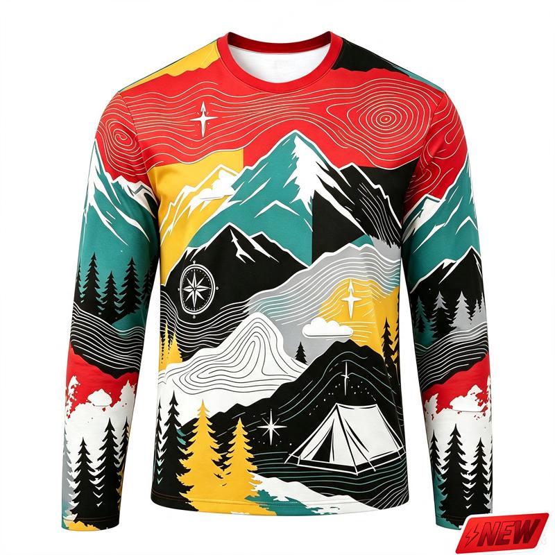 Men's Outdoor Camping Long Sleeve T-Shirt Mountain Forest Casual Crew Neck Top 3d Print Natural Landscape Graphic Tee Hiking