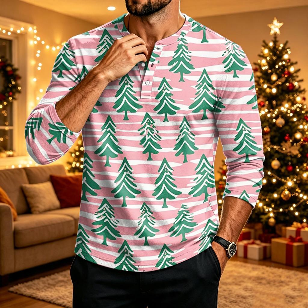 Camicia da Uomo a Maniche Lunghe con Stampa Natalizia per Festa, Uso Casual Quotidiano