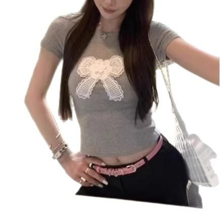 Sweet Embroidered Bow Crew Neck Shoulder Short Sleeve T-Shirt Women's Summer New Slim and Skinny Short Top