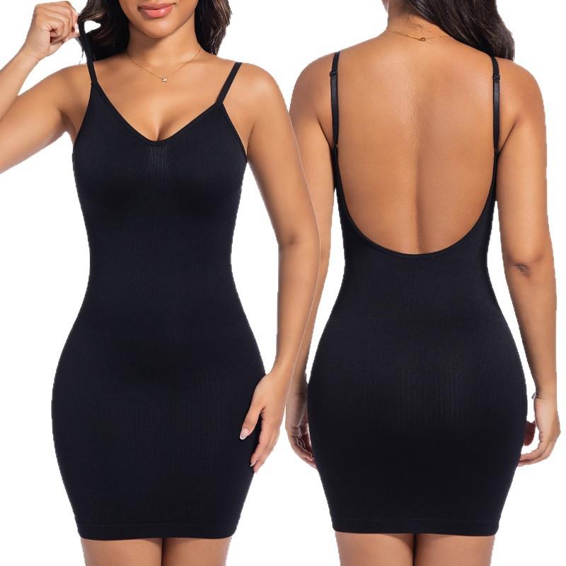 

Women s Backless Shapewear Slip for Under Dresses Tummy Control Bodycon Spaghetti Strap V Neck Body Shaper Sexy Short Cami Mini Dress S чёрный