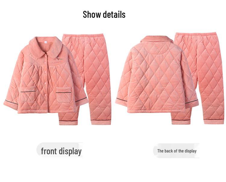 Mei Ji Yun Women's Plus Size Quilted Flannel Pajama Set - Cozy Three-Layer Design for Home Wear