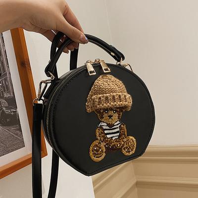 Women's Vintage Leather Shoulder Bag Cute Bear Small Round Crossbody Designer Bag Cartoon Designs Luxury New