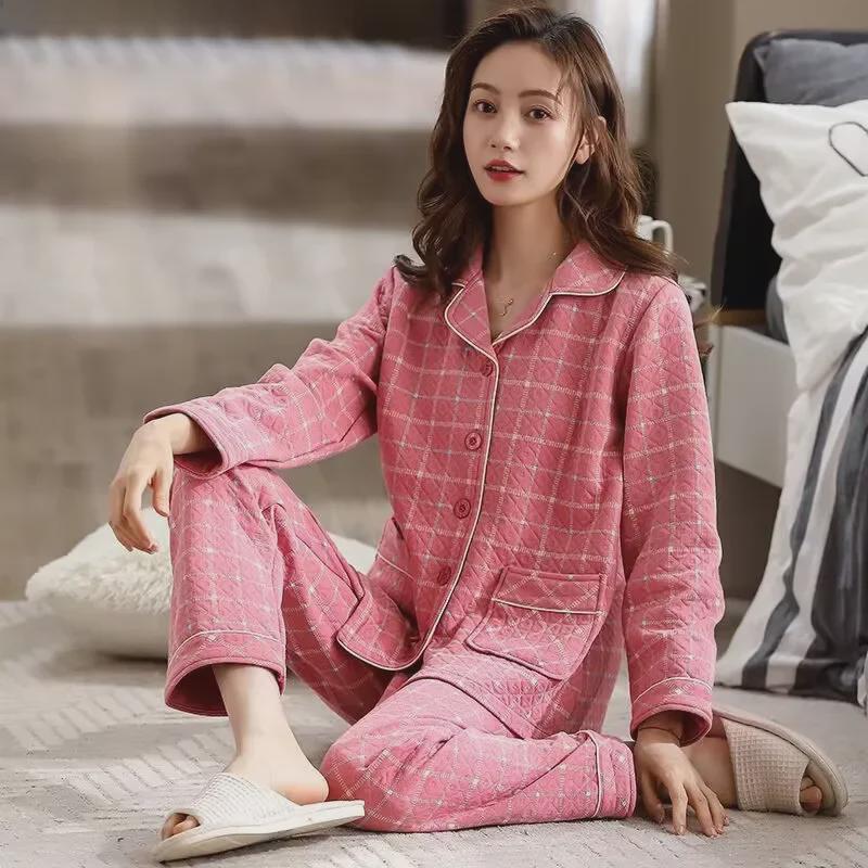 Dámské silné zimní bavlněné pyžamo - 100% čistá bavlna, nadměrná velikost, nositelné uvnitř i venku