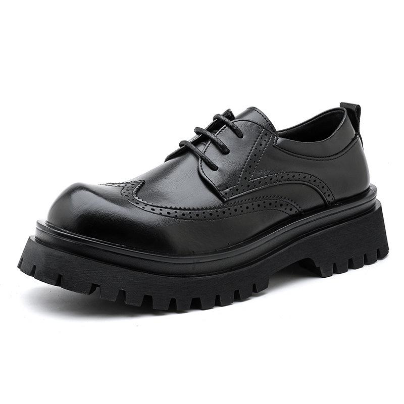 Men's Large Size Round Toe Brogue Shoes Comfortable Thick Bottom Rubber Sole Leather Upper Low Heel Black Derby Business Formal