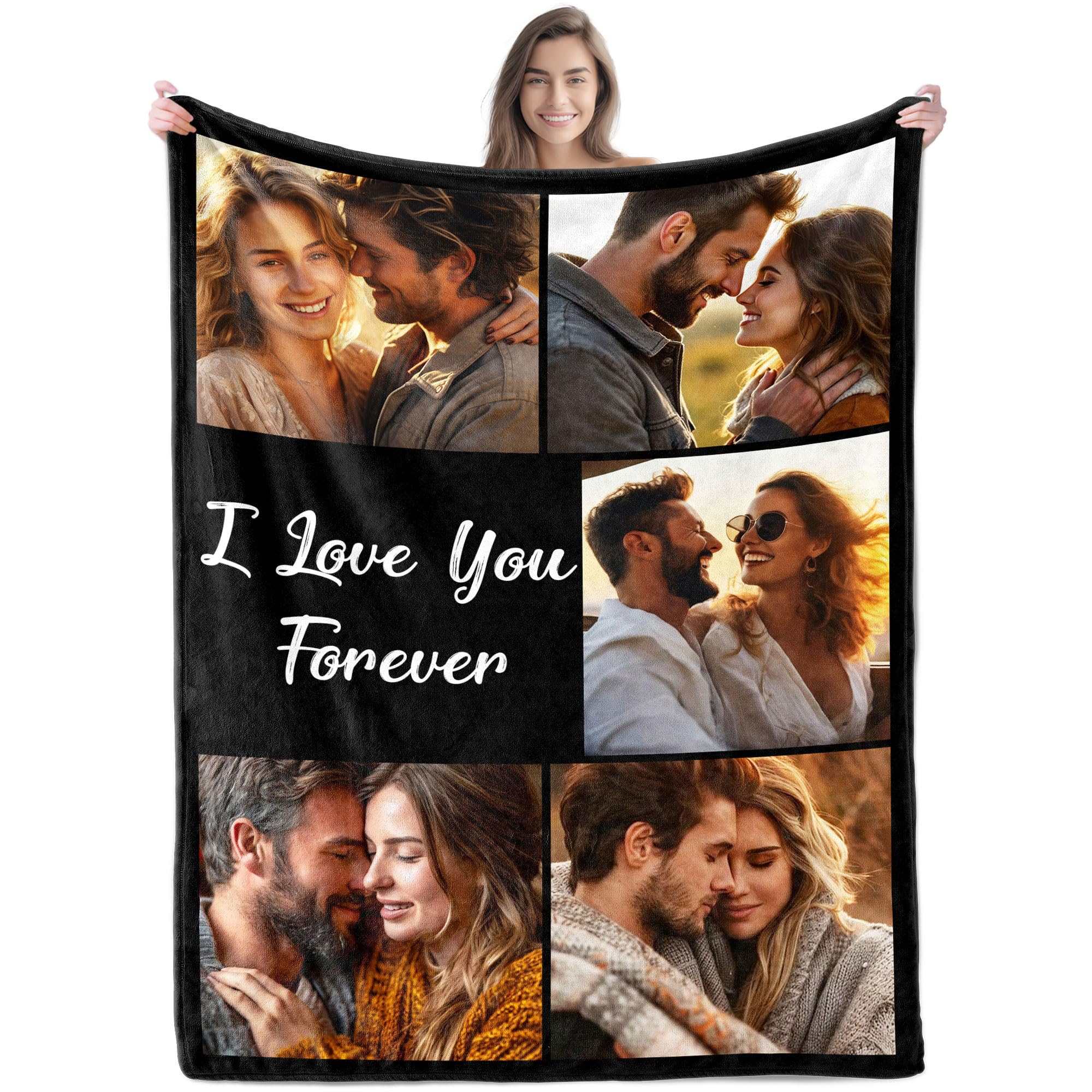 Custom Blanket with 5 Picture Blankets with Text, Personalized Gifts for Mom Dad Couple Friend Girlfriend Boyfriend Wife Husband 75X95CM