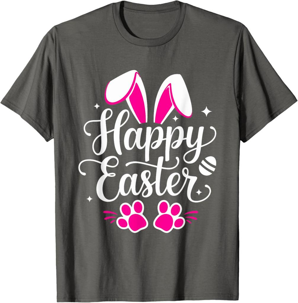 Happy Easter Bunny Paw Print Graphic Tee Casual Short Sleeve T-Shirt Daily Wear