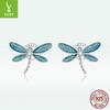 Blue Oil-Dripping Dragonfly Stud Earrings, Niche Temperament Insect S925 Silver Earrings Bse455