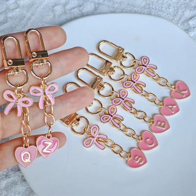 Creative Letters Metal Pink Bow Keychain Fashion A-Z 26 Letters Keyring Charms Mobile Phone Key Holders Bag Accessories Gift
