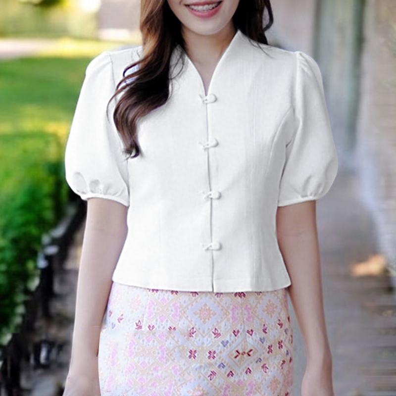 

ZANZEA Женская летняя блузка с V-образным вырезом, однотонная, повседневная, с коротким рукавом M белый