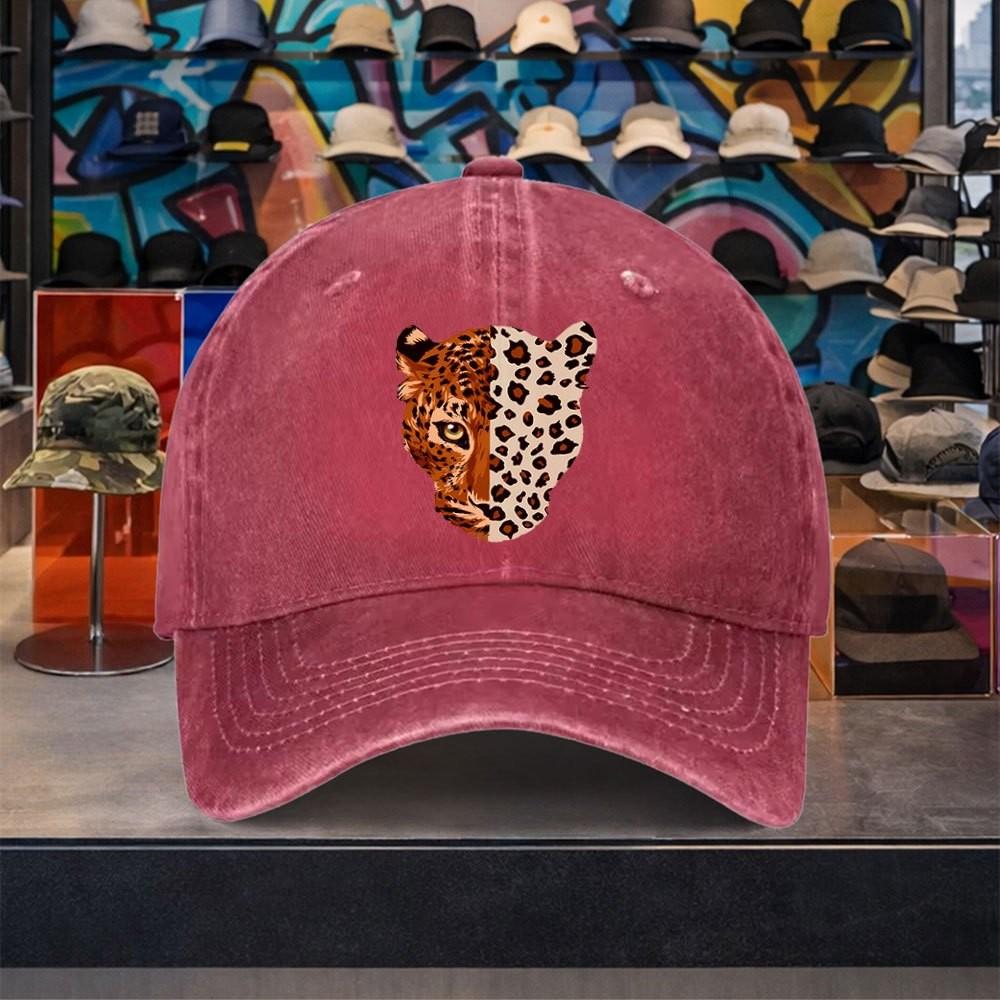 Leopard Half Face Print Baseball Cap Washed Denim Adjustable Snapback Hat for Unisex Outdoor Travel