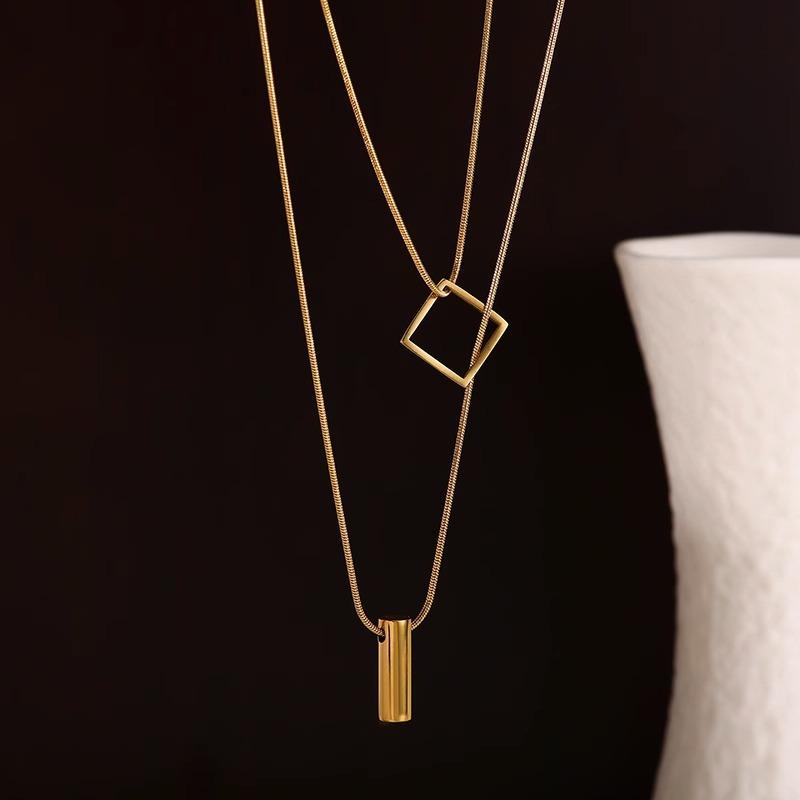 

Titanium Steel Geometric Cube Double Layer Necklace Minimalist Design Luxury Elegant High-End Fashion Jewelry