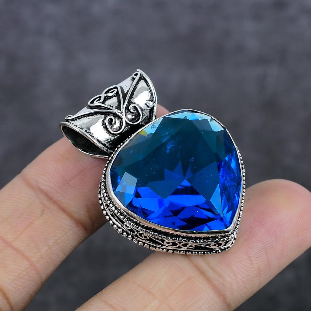 Natürlicher Blautopas Edelstein 925 Sterlingsilber Schmuck Anhänger 1.58" j5K78