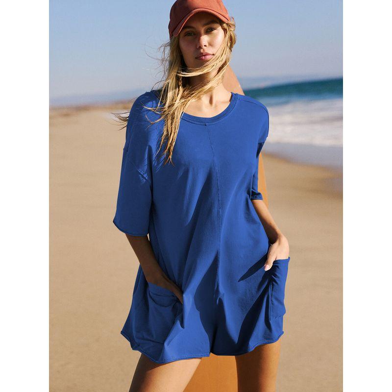 Casual Jumpsuit2024 European American Summer New Women's Clothing Loose Casual Short Sleeve V Neck Open Back Jumpsuit